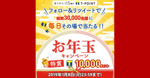 【明日まで】Tポイント15周年記念！総勢3万名様にTポイントお年玉プレゼントを開催中