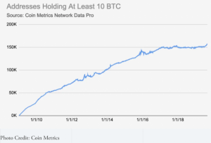 10BTCを保有するアドレス数が過去最高水準に　市場内資金がビットコインへ集中か
