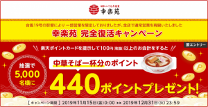楽天スーパーポイント、幸楽苑で440ポイントを抽選でプレゼント